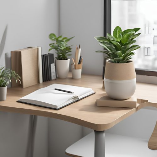 consultório mesa notebook um vaso com planta estante pequena